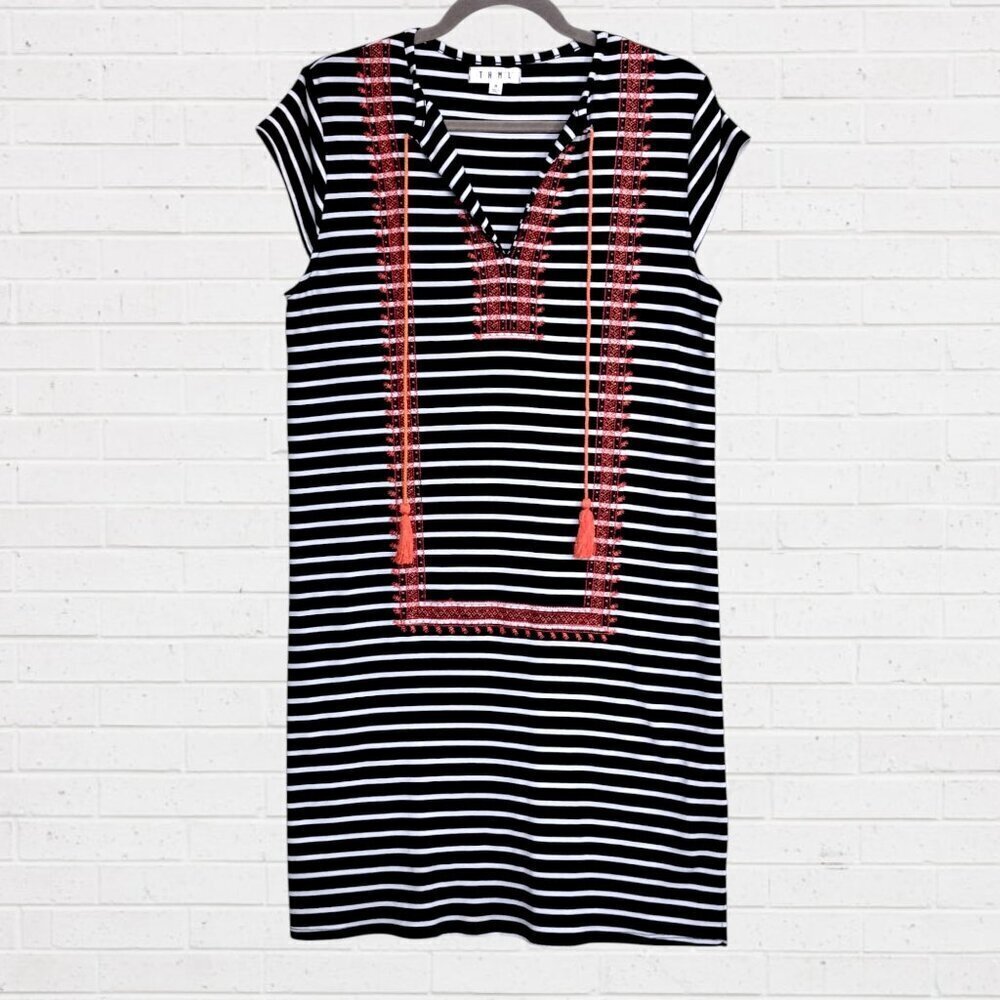 THML Navy Blue White Stripe Boho Stretch Knit Dress Coral Orange Embroidery M